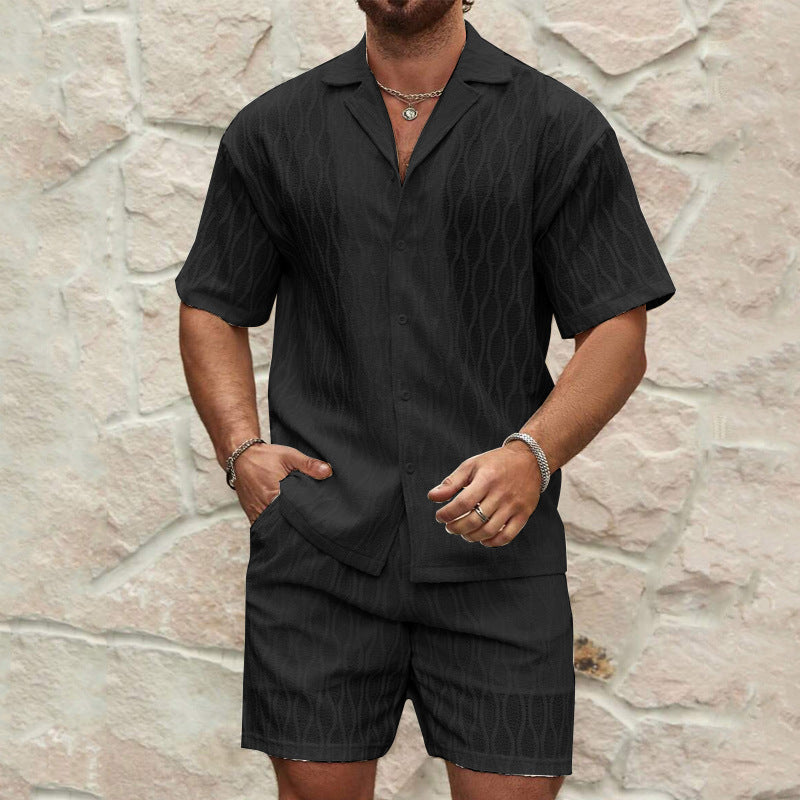 Mäns Bomull Tvådelat Set Skjorta och Shorts-4