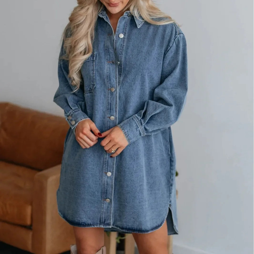 Skjortklänning Dam Denim Lång Ärmar