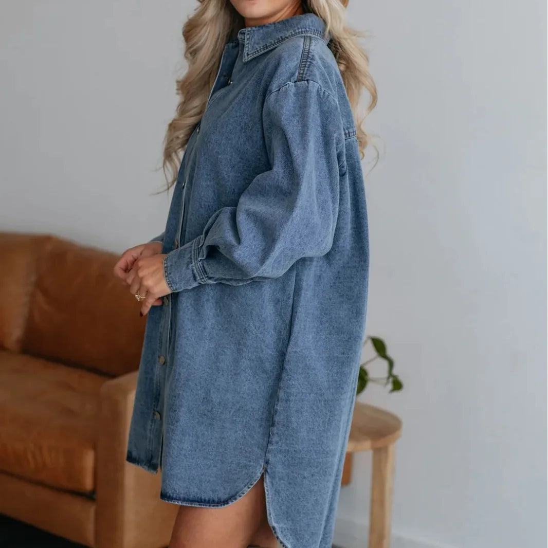 Skjortklänning Dam Denim Lång Ärmar