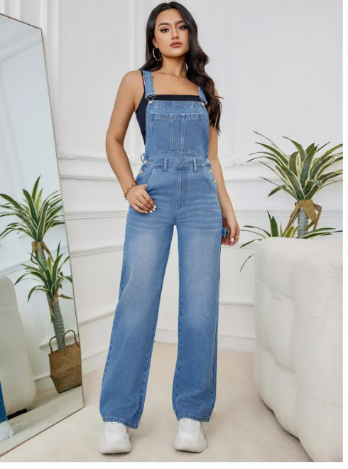 Kvinnors Bomull Denim Jumpsuit med Bred Ben
