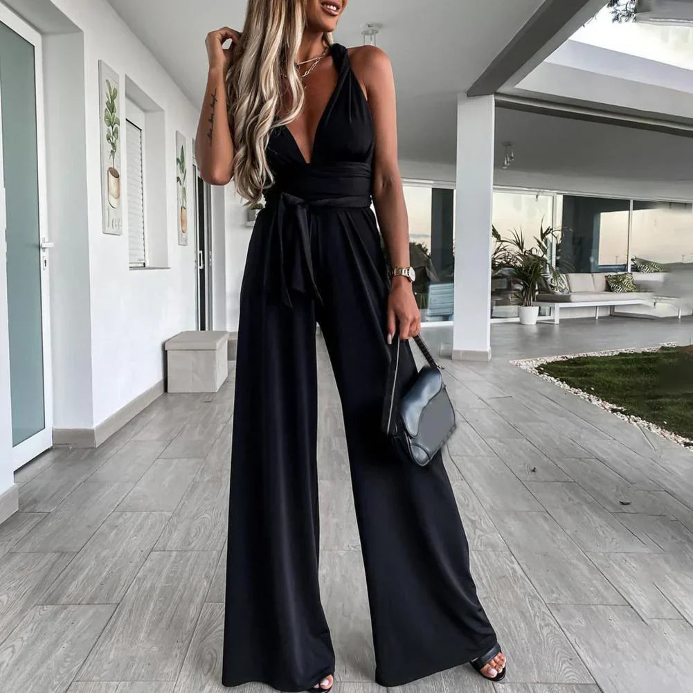 Dam Ärmlös Jumpsuit med Plisserat Bälte och Vida Ben