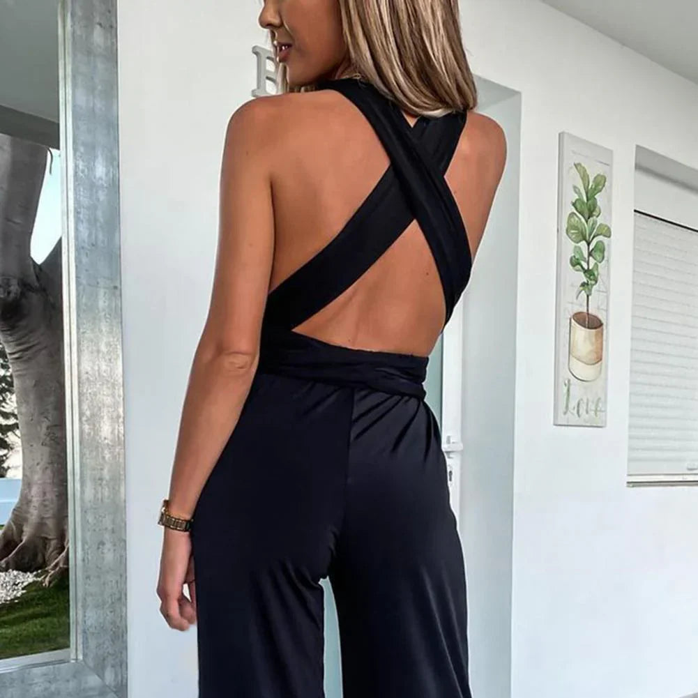 Dam Ärmlös Jumpsuit med Plisserat Bälte och Vida Ben