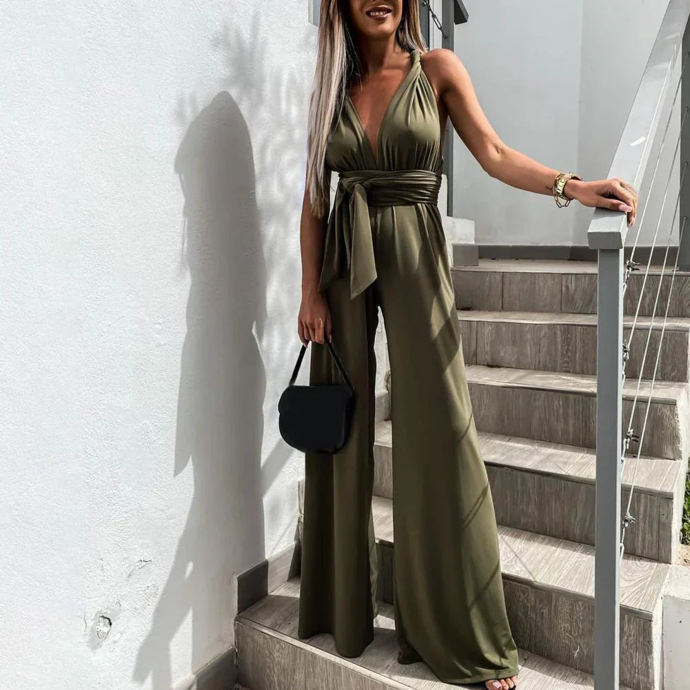 Dam Ärmlös Jumpsuit med Plisserat Bälte och Vida Ben