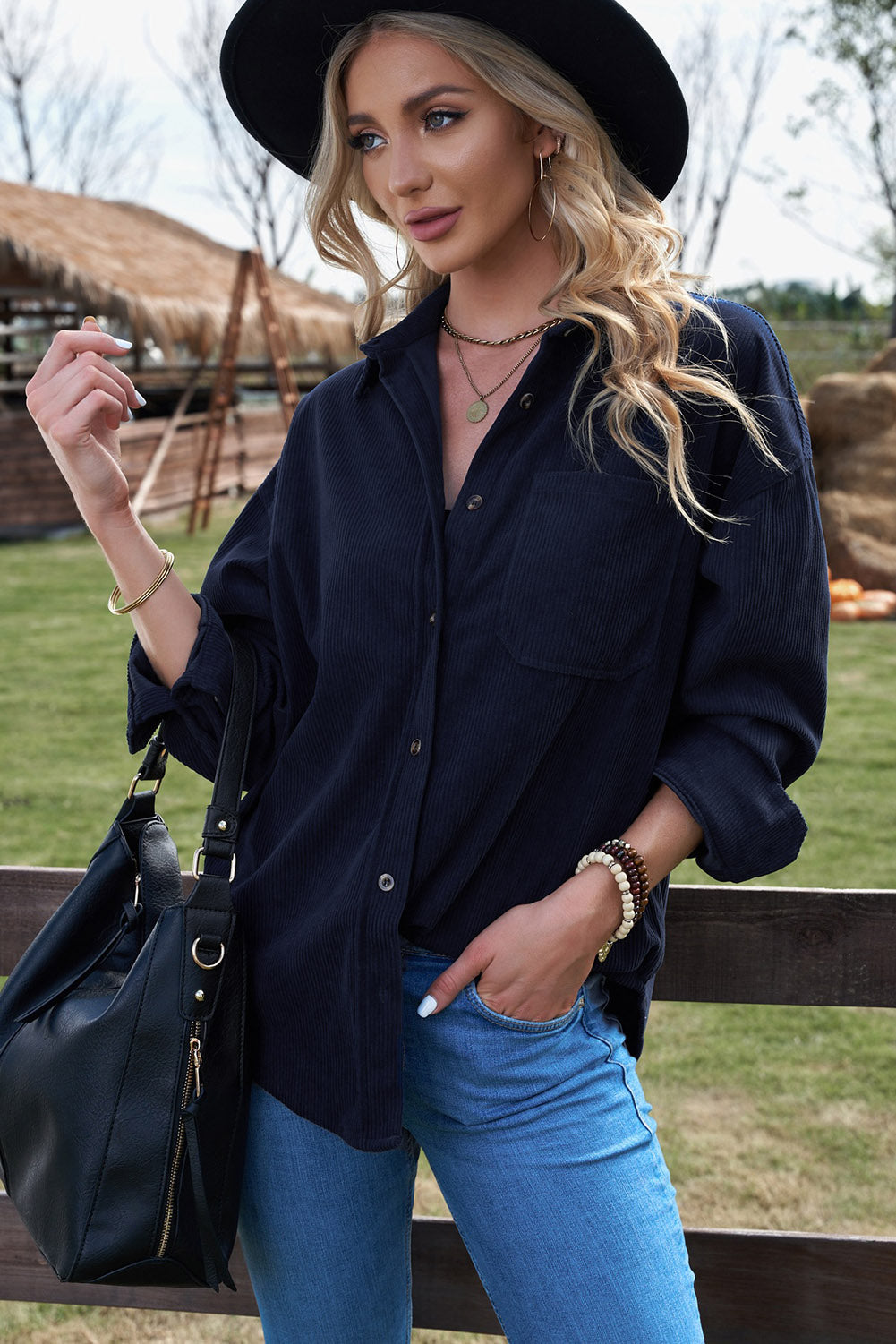 Dam Corduroy Skjorta Blus med Lösen Ärmar
