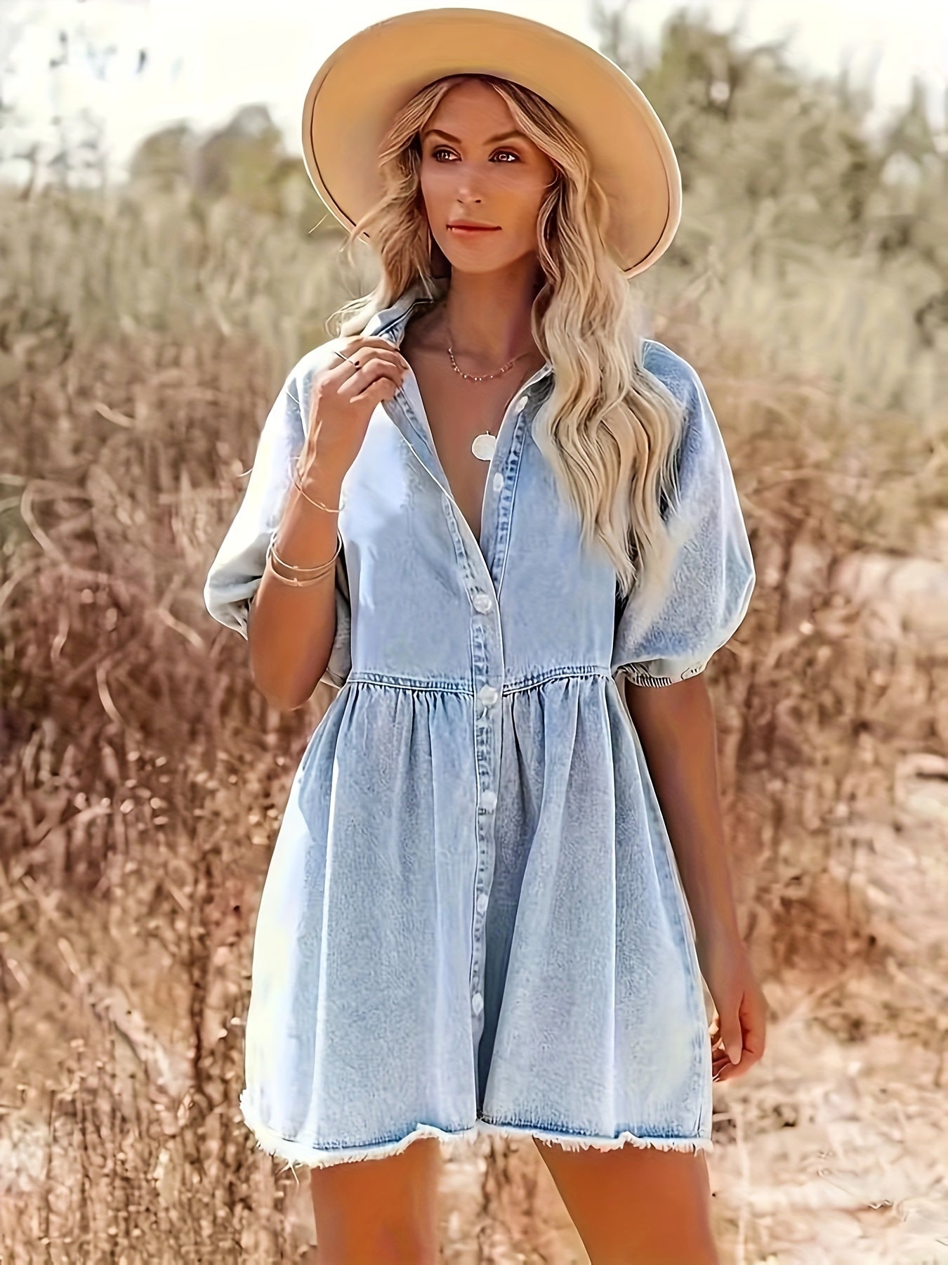Dam Denim Klänning med Pofemouvar och Knutstängning