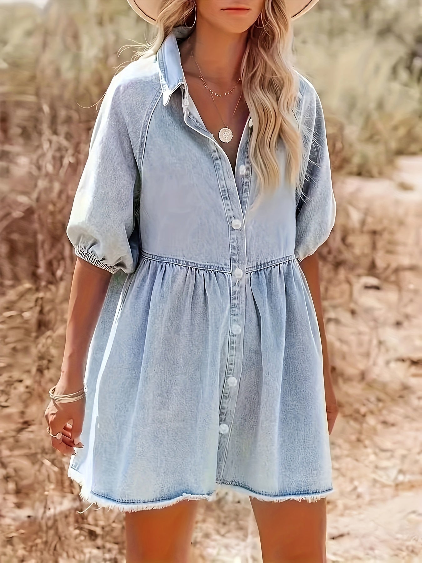 Dam Denim Klänning med Pofemouvar och Knutstängning