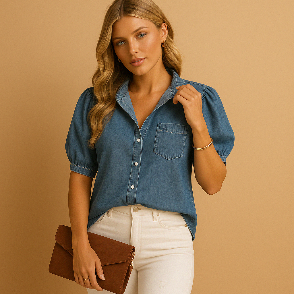 Dam Figursydd Denim Blus med Knapplåsning och Långa Ärmar