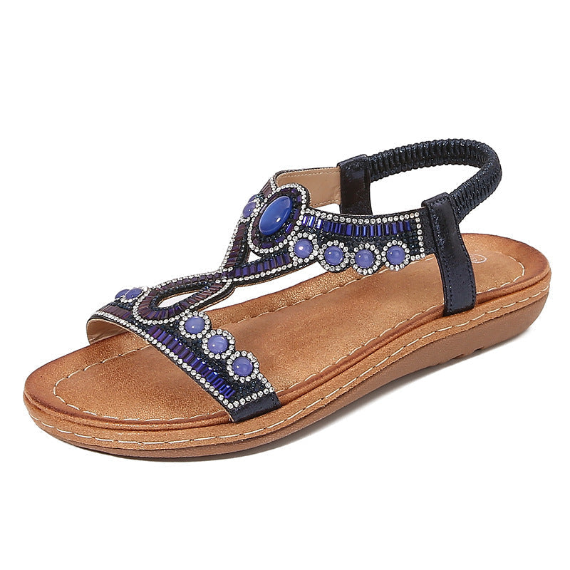 Dam PU-läder Sandaler med Boho Kristall Detaljer
