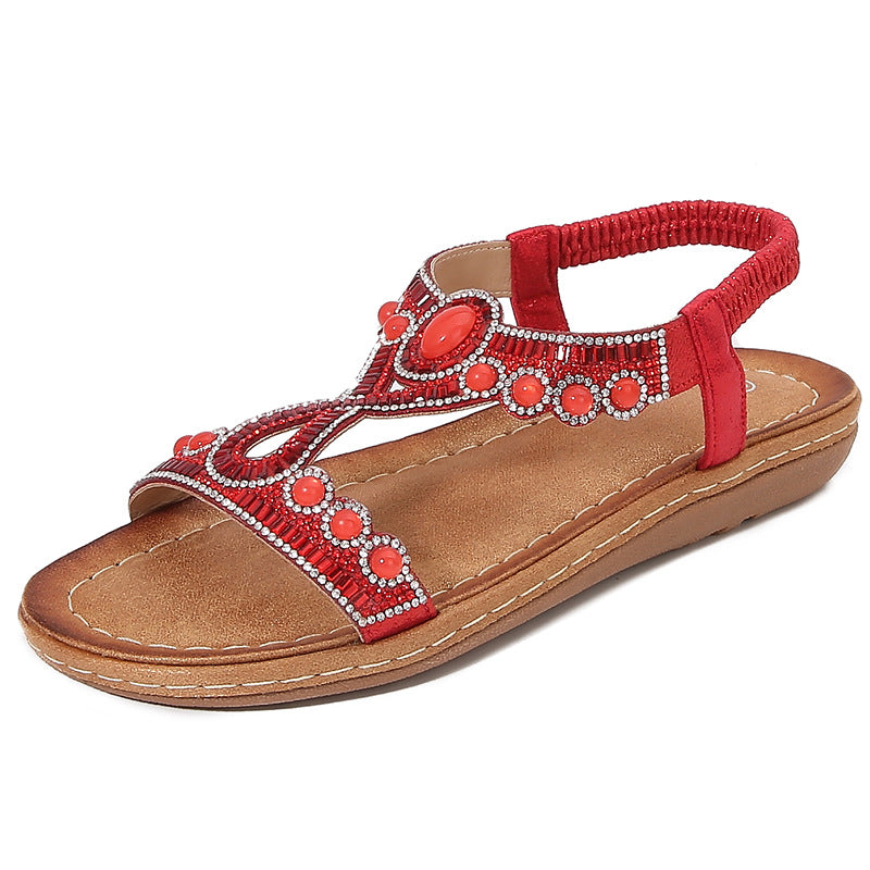 Dam PU-läder Sandaler med Boho Kristall Detaljer