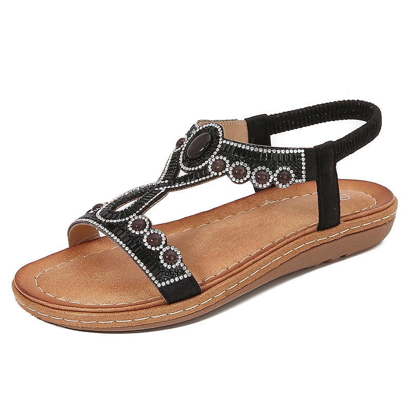 Dam PU-läder Sandaler med Boho Kristall Detaljer