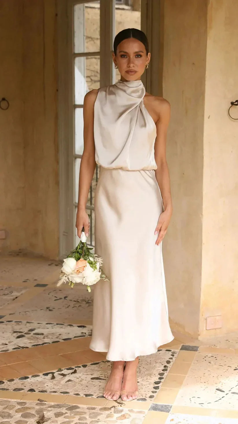 Dam Satin Aftonklänning Asymmetrisk Midi Klänning