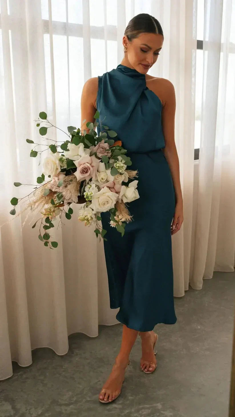 Dam Satin Aftonklänning Asymmetrisk Midi Klänning