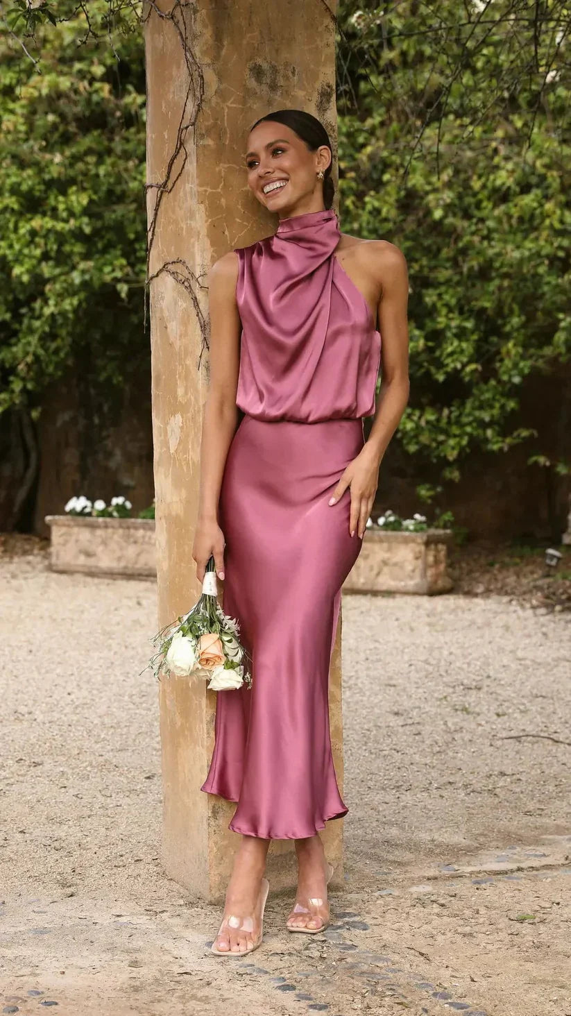 Dam Satin Aftonklänning Asymmetrisk Midi Klänning