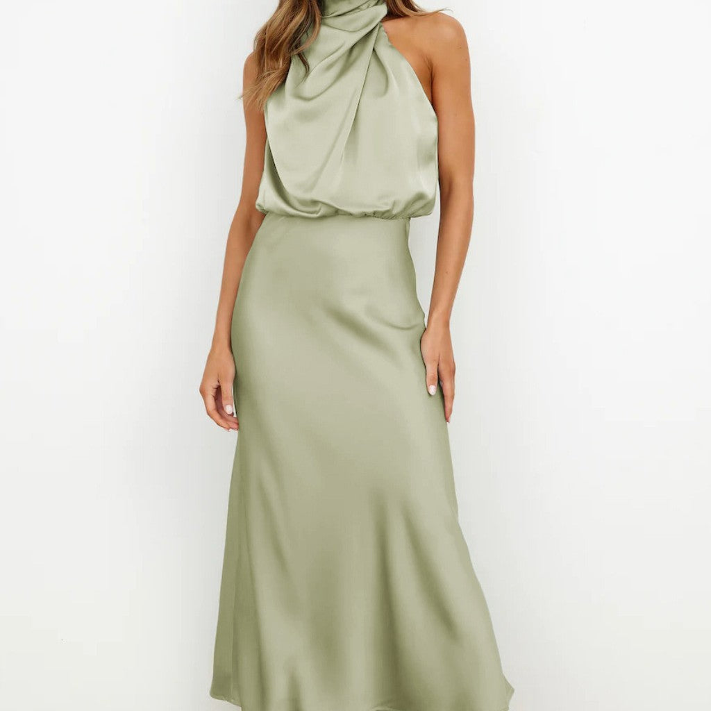 Dam Satin Aftonklänning Asymmetrisk Midi Klänning