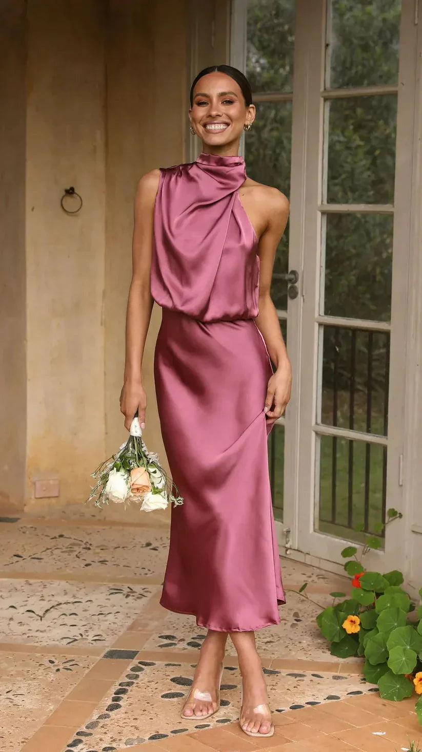 Dam Satin Aftonklänning Asymmetrisk Midi Klänning