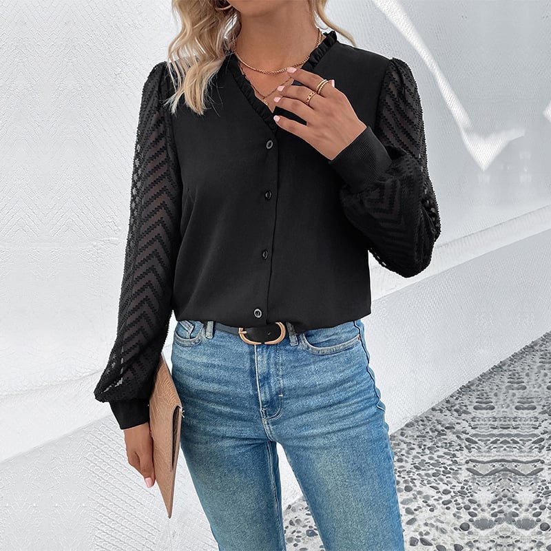 Dam V-ringad Cardigan med Spetsdetaljer och Långa Ärmar