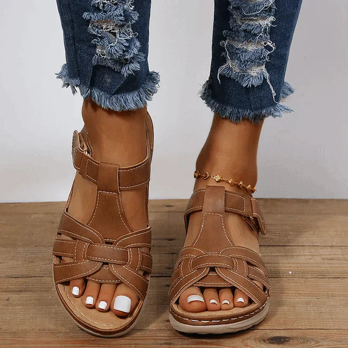 Dam Vintage Läder Sandaler Elegant och Komfortabel