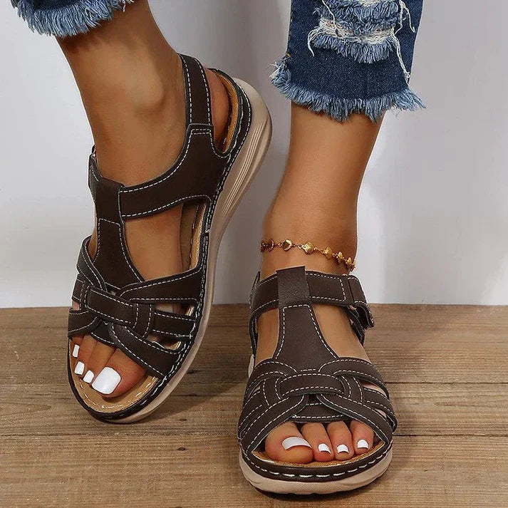 Dam Vintage Läder Sandaler Elegant och Komfortabel