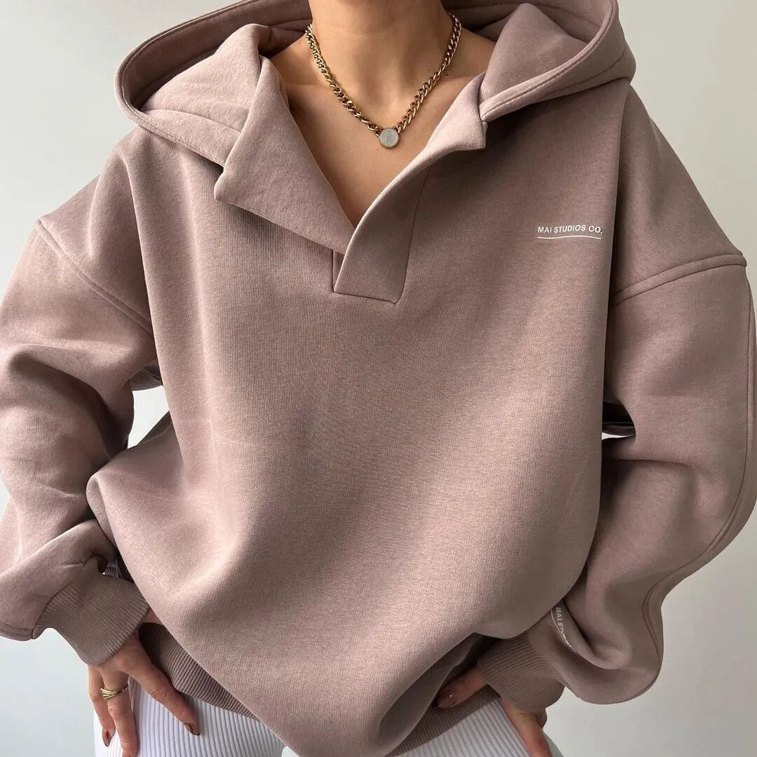 Dam V-Hals Hoodie i Mjukt Tyg för Avslappnad Stil 0
