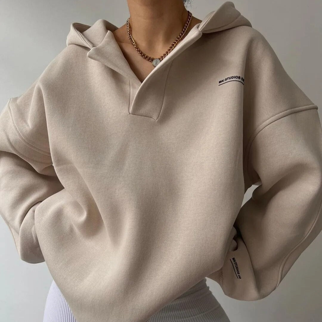 Dam V-Hals Hoodie i Mjukt Tyg för Avslappnad Stil 1