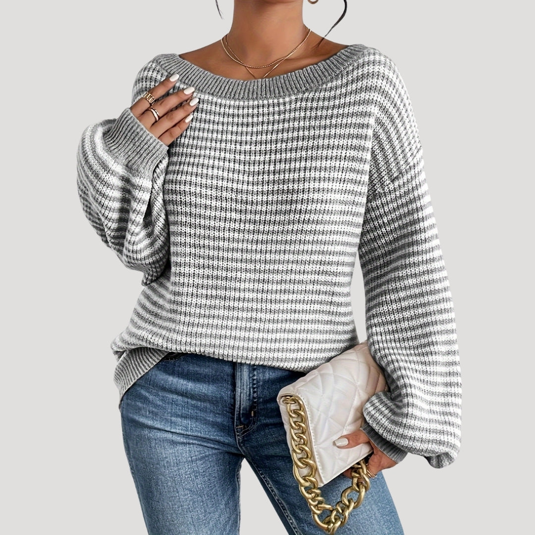 Damens Randig Stickad Tröja – Oversized och Mjuk Design 10