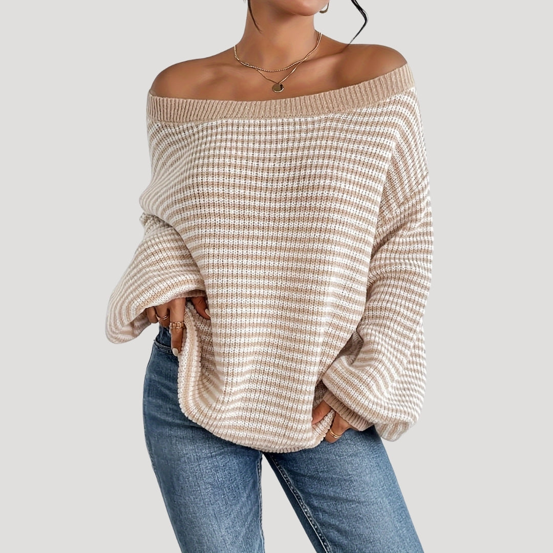 Damens Randig Stickad Tröja – Oversized och Mjuk Design 2