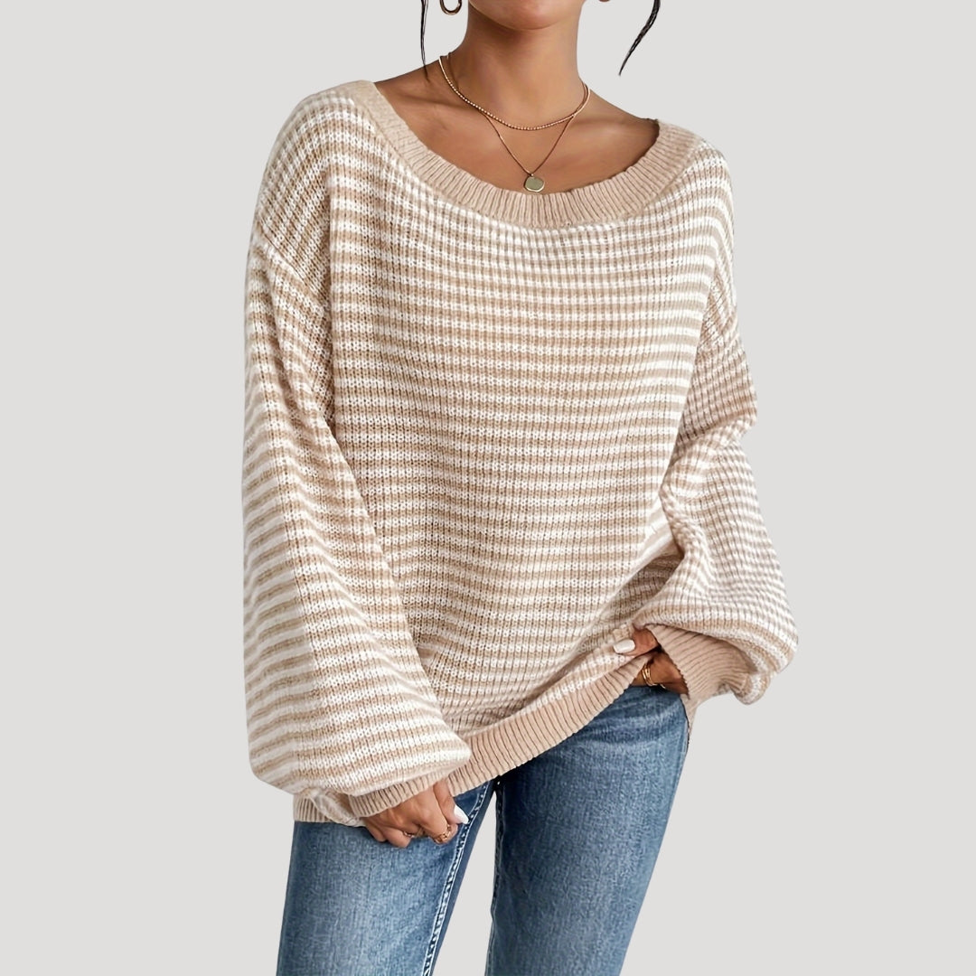 Damens Randig Stickad Tröja – Oversized och Mjuk Design 3