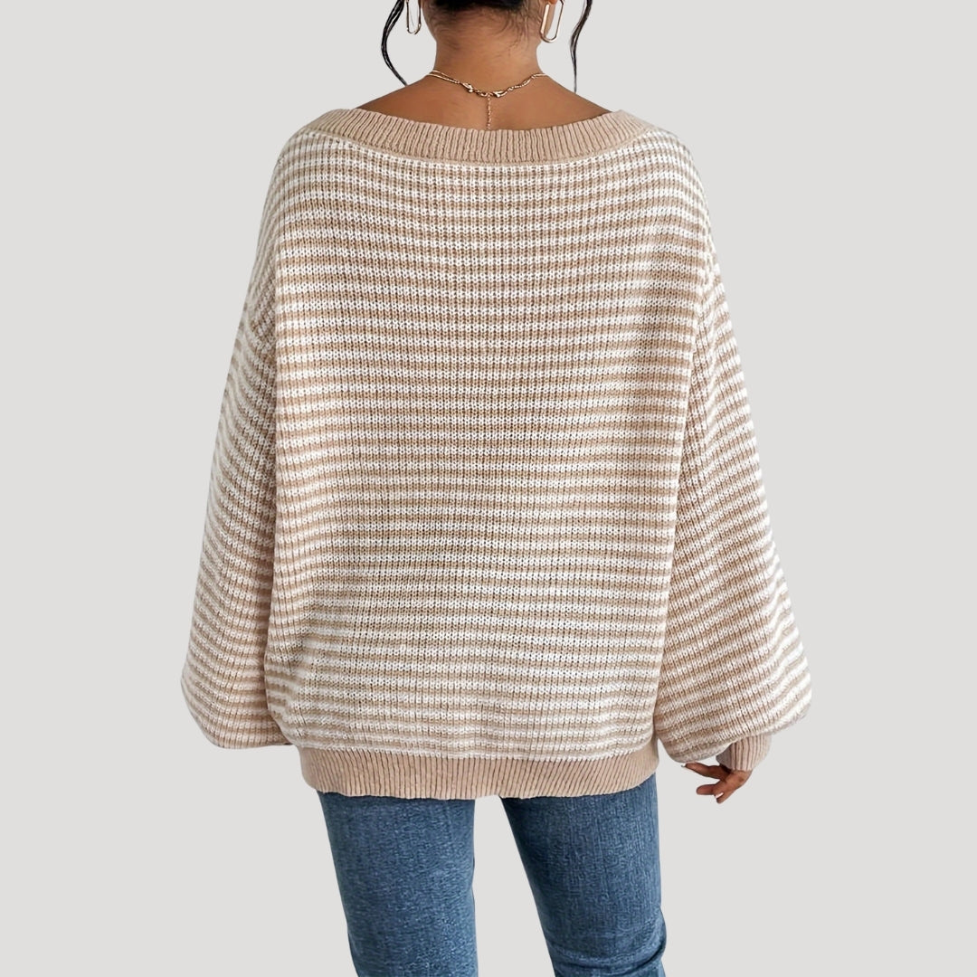 Damens Randig Stickad Tröja – Oversized och Mjuk Design 4
