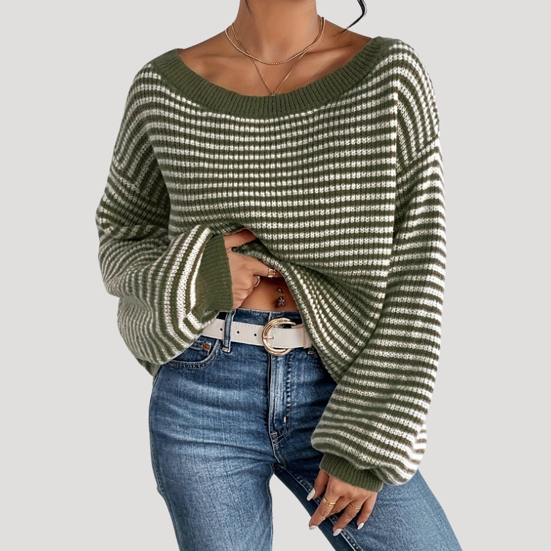 Damens Randig Stickad Tröja – Oversized och Mjuk Design 5