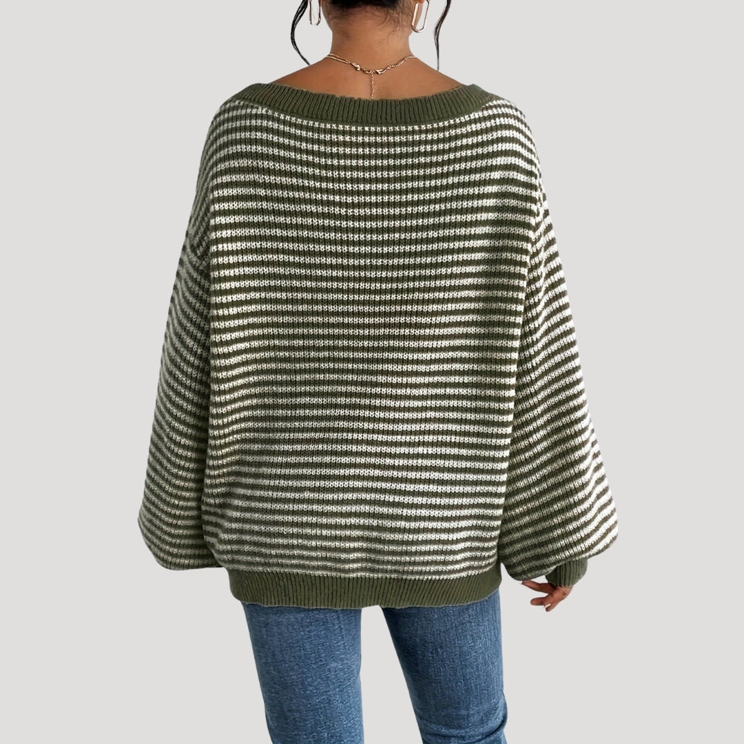 Damens Randig Stickad Tröja – Oversized och Mjuk Design 6