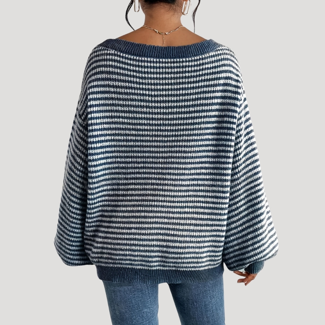 Damens Randig Stickad Tröja – Oversized och Mjuk Design 7
