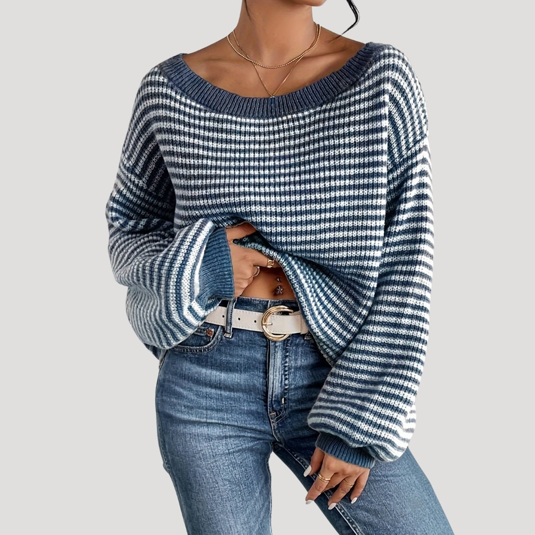Damens Randig Stickad Tröja – Oversized och Mjuk Design 8