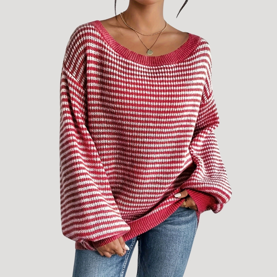 Damens Randig Stickad Tröja – Oversized och Mjuk Design 9