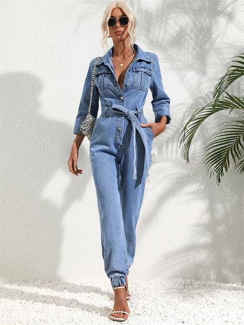 Damernas Utility Jumpsuit med Knoopsluiting och Långa Ärmar
