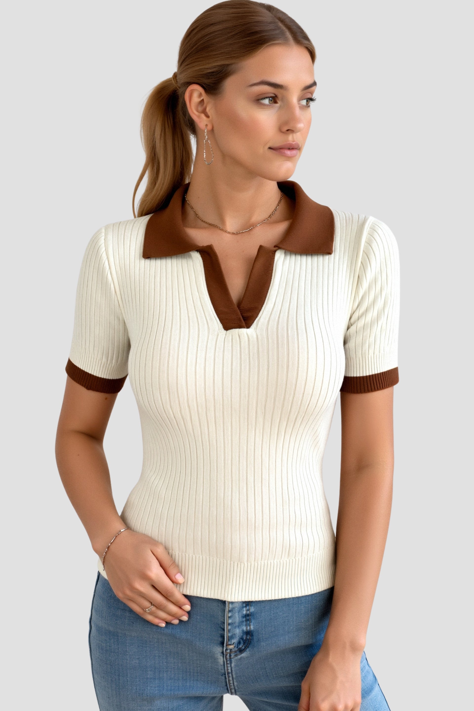 Damers Polo med Färgblock och Notched Krage