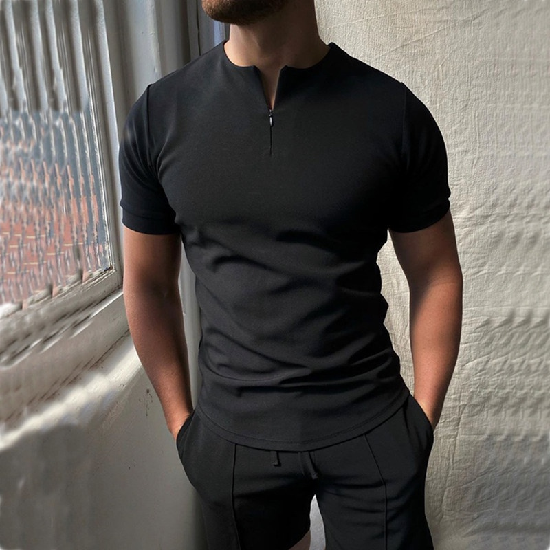 Herr Kortärmad Skjorta Polyester med Blixtlås