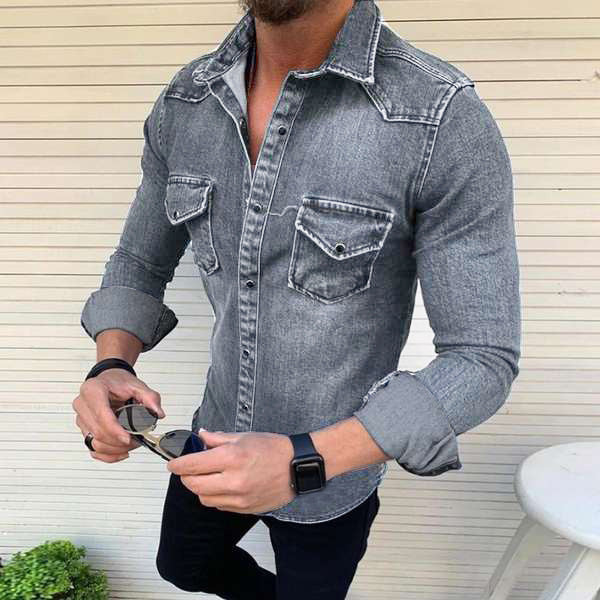 Herr Slim-Fit Denimskjorta i Bomullsblandning