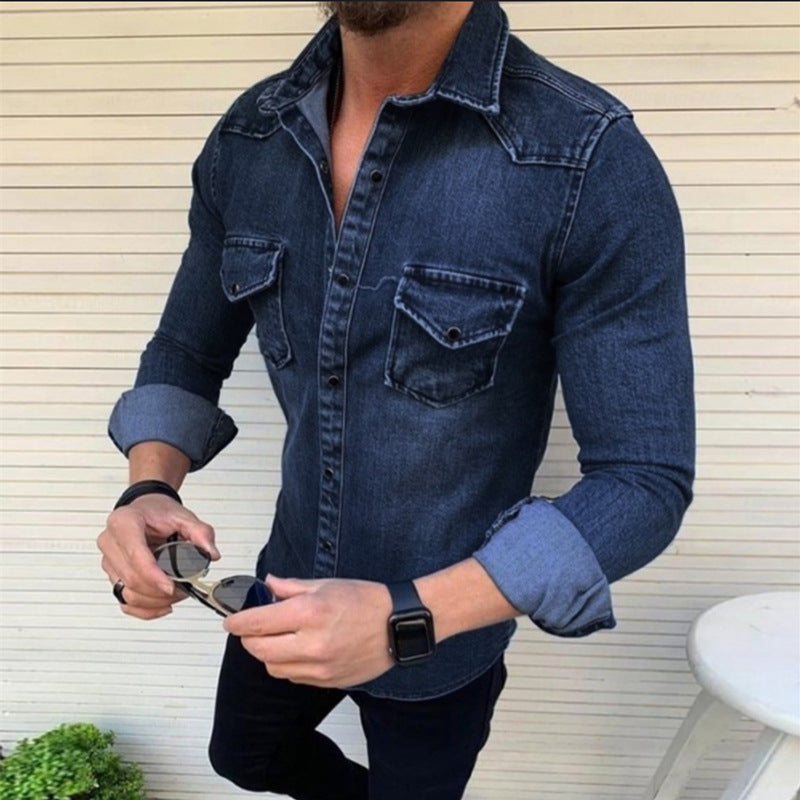 Herr Slim-Fit Denimskjorta i Bomullsblandning