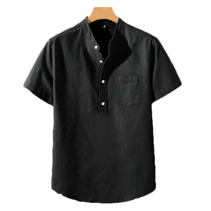 Herr T-shirt med Ståkrage och Bröstficka - Minimalistisk Stil