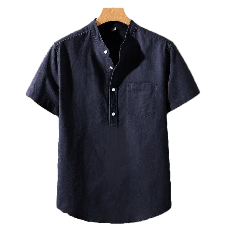 Herr T-shirt med Ståkrage och Bröstficka - Minimalistisk Stil