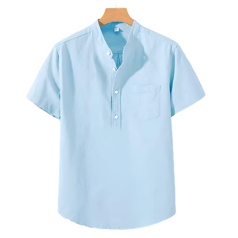 Herr T-shirt med Ståkrage och Bröstficka - Minimalistisk Stil