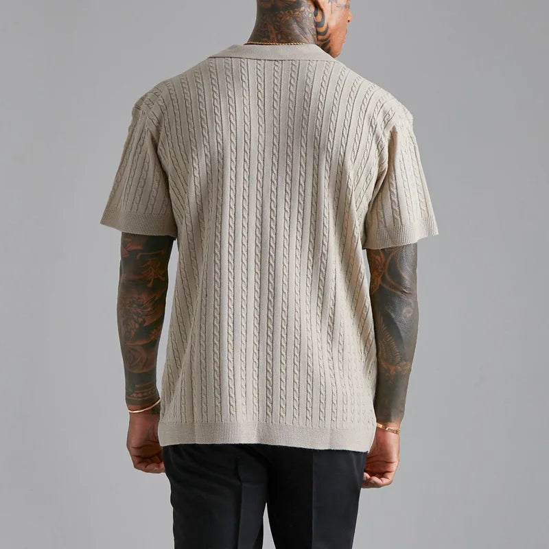Herr Tröja Kortärmad Knapp-up med Kabelstickad Design