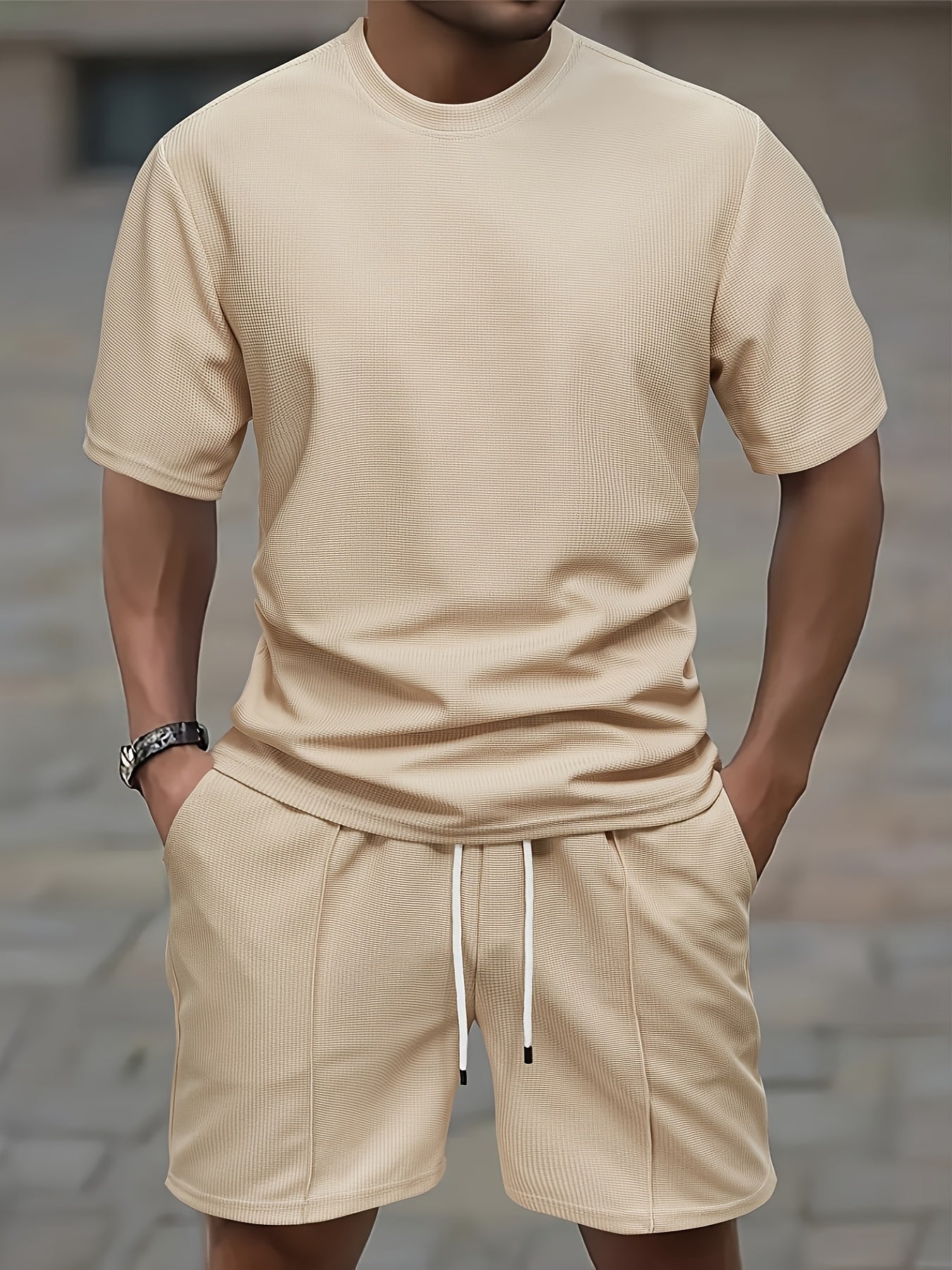Herr Waffle Knit T-shirt och Shorts Set för Avslappnad Stil
