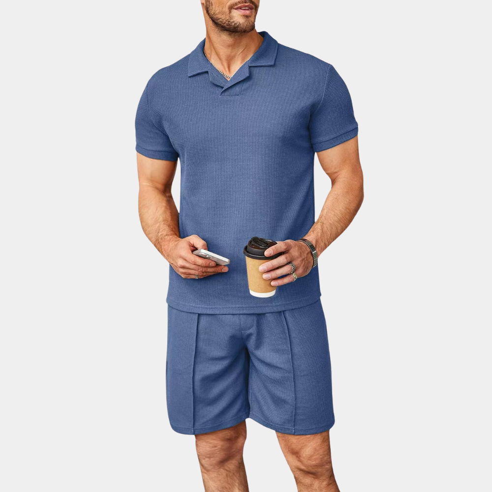 Herrars Avslappnat Tvådelat Set med Korta Ärmar och Shorts