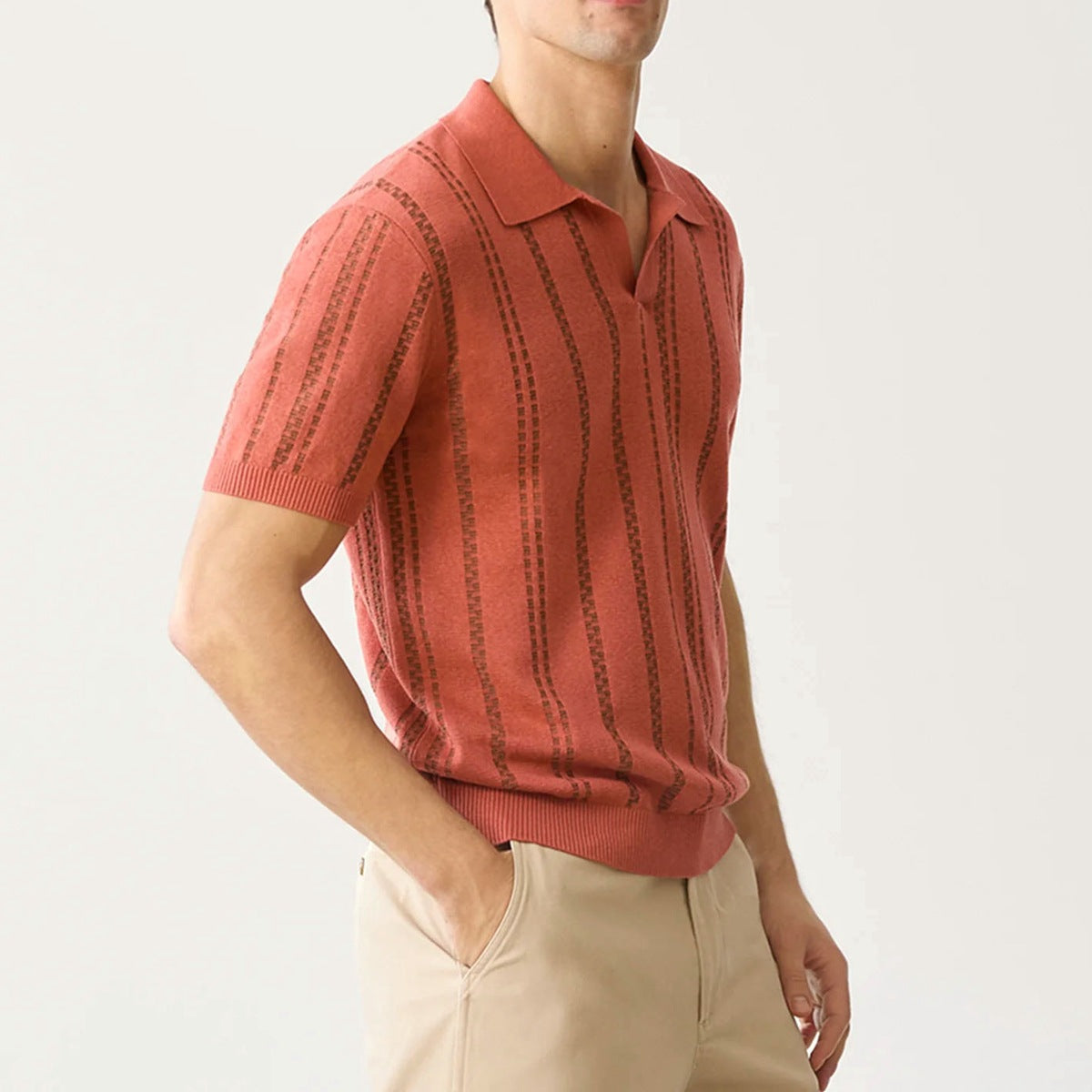 Herrens Stickad Poloshirt V-ringning Bomull
