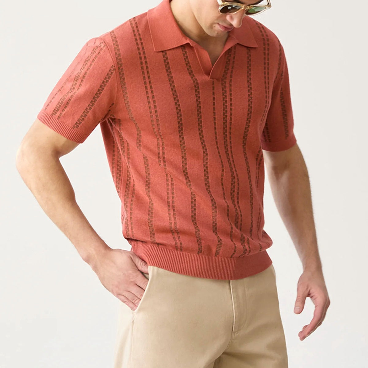Herrens Stickad Poloshirt V-ringning Bomull