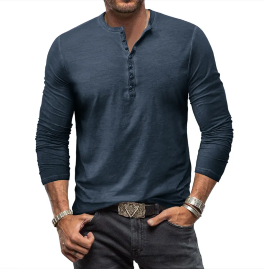 Herrskjorta Bomull Långärmad Henley Regular Fit