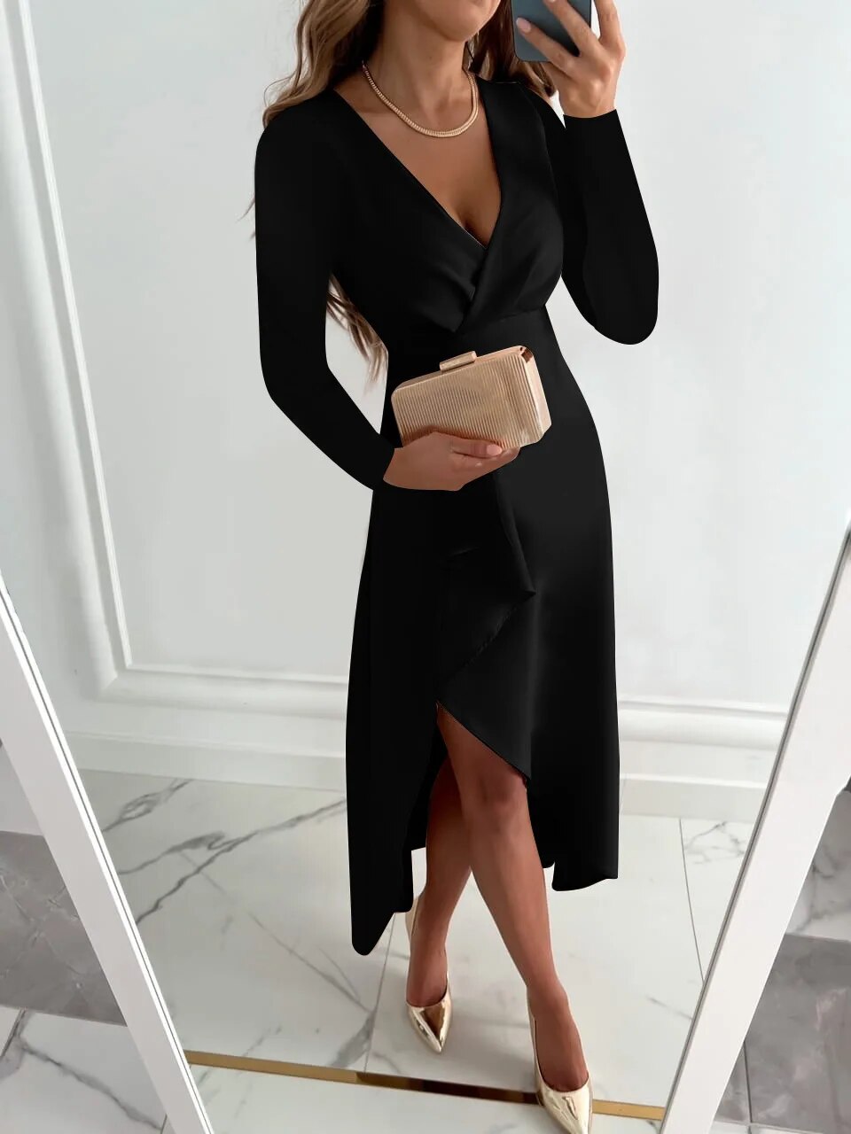 Kvinna Elegant Asymmetrisk V-Hals Klänning
