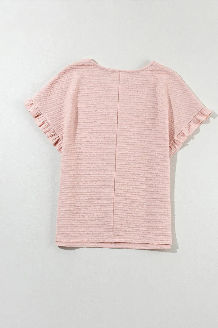 Kvinnors Bomull T-shirt med Runda Halsringning och Ruffles