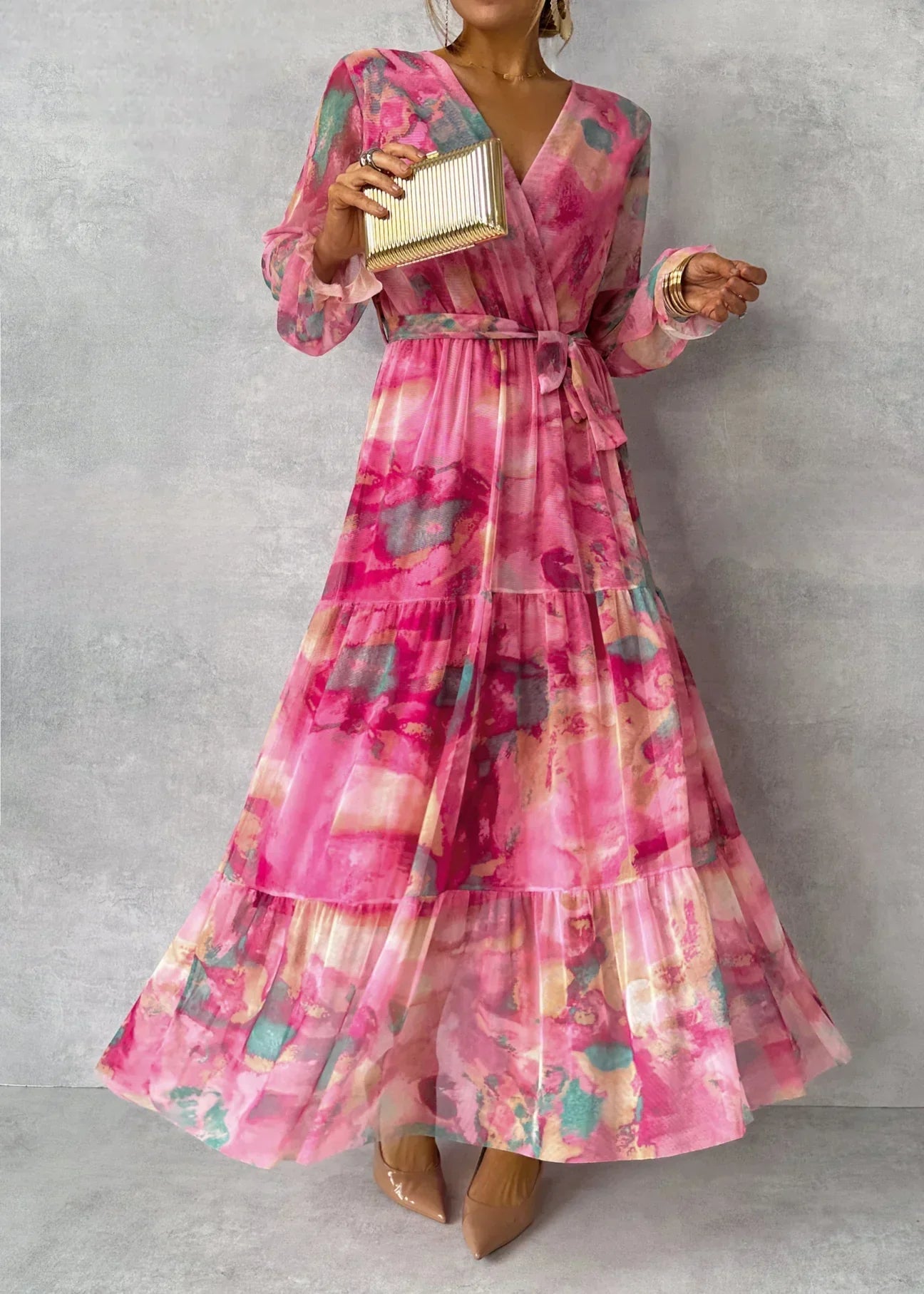 Kvinnors Långärmad Maxi Wrap-Klänning med Blommönster